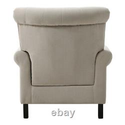 High Button Wing Back Beige Velvet Tub Chair Lounge Fireside Occasional Armchair