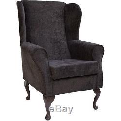 High WingBack Fireside Chair Charcoal Topaz Fabric Easy Armchair Queen Anne Legs