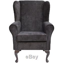 High WingBack Fireside Chair Charcoal Topaz Fabric Easy Armchair Queen Anne Legs