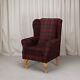 High Wingback Fireside Chair Red Tartan Fabric Easy Armchair Hardwood Legs Uk