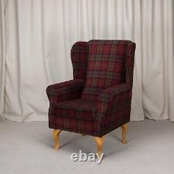 High WingBack Fireside Chair Red Tartan Fabric Easy Armchair Hardwood Legs UK