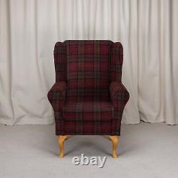 High WingBack Fireside Chair Red Tartan Fabric Easy Armchair Hardwood Legs UK