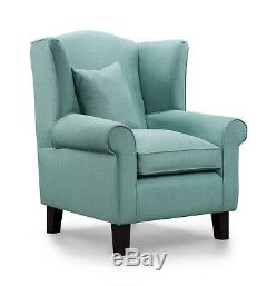 High Wing Back Armchair Duck Egg Blue Chenille Fabric Chair Fireside Living Room
