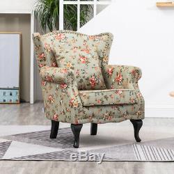 High Wing Back Armchair Floral Fabric Chair Fireside Flower Seat Vintage Studded