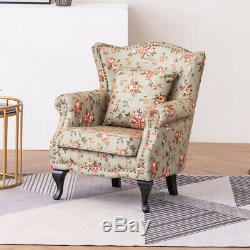 High Wing Back Armchair Floral Fabric Chair Fireside Flower Seat Vintage Studded