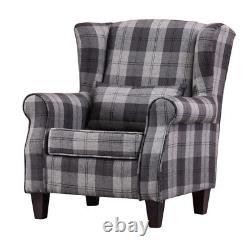 High Wing Back Armchair Linen Checks Chair Fireside Seat Living Room Lounge Sofa