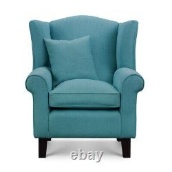 High Wing Back Armchair Navy Blue Chenille Fabric Chair Fireside Living Room