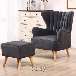 High Wing Back Armchair Queen Anne Fireside Chair Brushed Fabric with Footstool