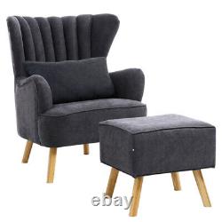 High Wing Back Armchair Queen Anne Fireside Chair Brushed Fabric with Footstool