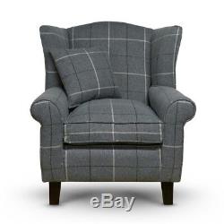 High Wing Back Armchair Tartan Fabric Chair Fireside Seat Living Room Lounge UK