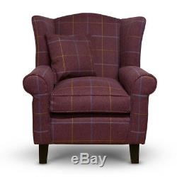 High Wing Back Armchair Tartan Fabric Chair Fireside Seat Living Room Lounge UK