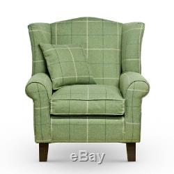 High Wing Back Armchair Tartan Fabric Chair Fireside Seat Living Room Lounge UK