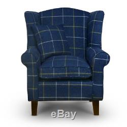 High Wing Back Armchair Tartan Fabric Chair Fireside Seat Living Room Lounge UK