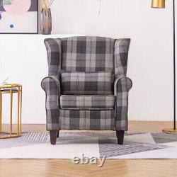 High Wing Back Armchair Tartan Fabric Chair Fireside Sofa Living Room Lounge UK