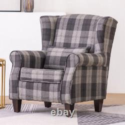 High Wing Back Armchair Tartan Fabric Chair Fireside Sofa Living Room Lounge UK