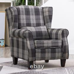 High Wing Back Armchair Tartan Fabric Chair Living Room Lounge Fireside Seat