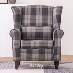 High Wing Back Armchair Tartan Fabric Chair Living Room Lounge Fireside Seat