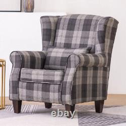 High Wing Back Armchair Tartan Fabric Chair Living Room Lounge Fireside Seat