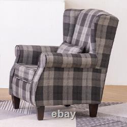 High Wing Back Armchair Tartan Fabric Chair Living Room Lounge Fireside Seat