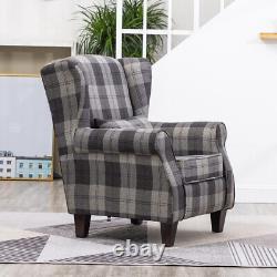 High Wing Back Armchair Tartan Fabric Chair Living Room Lounge Fireside Seat
