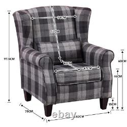 High Wing Back Armchair Tartan Fabric Chair Living Room Lounge Fireside Seat