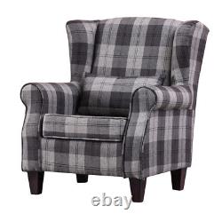High Wing Back Armchair Tartan Fabric Chair Living Room Lounge Fireside Seat