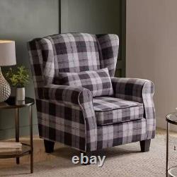 High Wing Back Armchair Tartan Fabric Chair Living Room Lounge Fireside Seat UK
