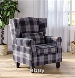 High Wing Back Armchair Tartan Fabric Chair Living Room Lounge Fireside Seat UK