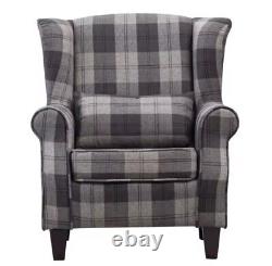 High Wing Back Armchair Tartan Fabric Chair Living Room Lounge Fireside Seat UK