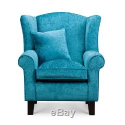 High Wing Back Armchair Teal Blue Chenille Fabric Chair Fireside Living Room UK