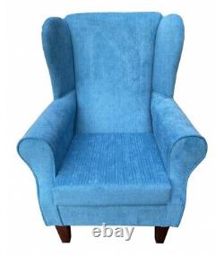 High Wing Back Fireside Chair Azur Blue Fabric Armchair Queen Anne / Tapered Leg