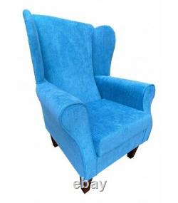 High Wing Back Fireside Chair Azur Blue Fabric Armchair Queen Anne / Tapered Leg