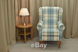 High Wing Back Fireside Chair Balmoral Blue Cream Fabric Easy Armchair Queen Ann