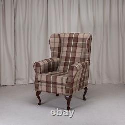 High Wing Back Fireside Chair Balmoral Mulberry Fabric Armchair Queen Anne Legs
