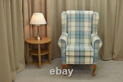High Wing Back Fireside Chair Balmoral Sky Blue Fabric Armchair Queen Anne Legs