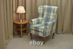 High Wing Back Fireside Chair Balmoral Sky Fabric Seat Easy Armchair Queen Anne