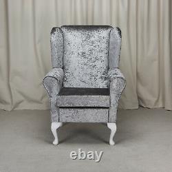 High Wing Back Fireside Chair Bling Pewter Fabric Easy Armchair Queen Anne Legs