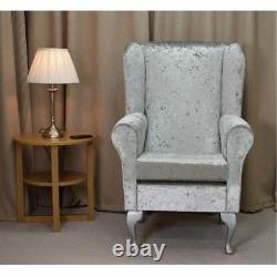 High Wing Back Fireside Chair Bling Silver Fabric Seat Easy Armchair Queen Anne