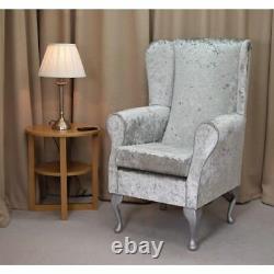 High Wing Back Fireside Chair Bling Silver Fabric Seat Easy Armchair Queen Anne