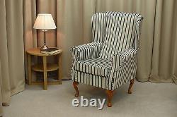 High Wing Back Fireside Chair Blue Chocolate Stripe Fabric Armchair Queen Anne