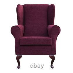 High Wing Back Fireside Chair Boucle Claret Fabric Seat Easy Armchair Queen Anne