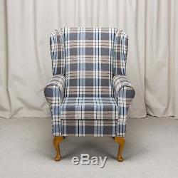 High Wing Back Fireside Chair Chambray Blue Fabric Easy Armchair Queen Anne Legs