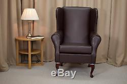 High Wing Back Fireside Chair Chestnut Faux Leather Easy Armchair Orthopaedic UK