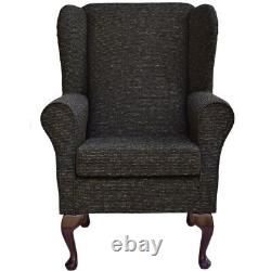 High Wing Back Fireside Chair Chocolate Weave Fabric Seat Armchair Queen Anne