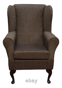 High Wing Back Fireside Chair Cocoa Weave Fabric Easy Armchair Queen Anne Legs