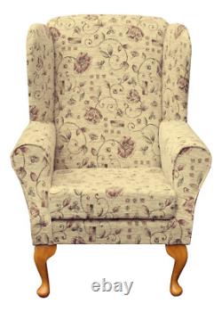 High Wing Back Fireside Chair Floral Beige Fabric Seat Easy Armchair Queen Anne