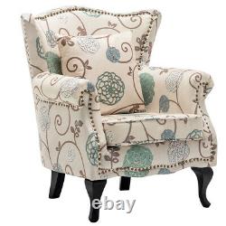 High Wing Back Fireside Chair Floral Fabric Leisure Armchair Studded Lounge Sofa