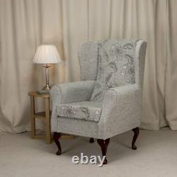 High Wing Back Fireside Chair Floral Grey Fabric Seat Easy Armchair Queen Anne