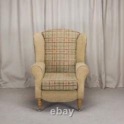 High Wing Back Fireside Chair Gold Check Fabric Easy Armchair + Front Castors UK