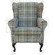 High Wing Back Fireside Chair Green Tartan Fabric Stud Easy Armchair Queen Anne